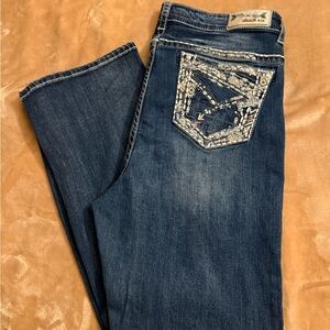 Grace in LA Women's Boot Cut Jeans - Dark Blue with White Embroidery